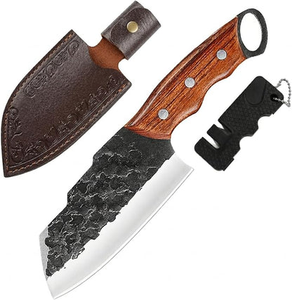 KOFERY Hand Forged Serbian Butcher Knife with Full Tang 4Cr13MoV Steel, Viking Meat Cleaver for Butchering, Camp Cooking and BBQ, Includes Leather Sheath & Pocket Sharpener