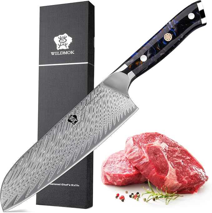 WILDMOK Santoku Knife, 7" Japanese Damascus Forged Kitchen Knife, Professional Chopping Knife, Razor Sharp & Ergonomic Handle Design-Comes in a gift box
