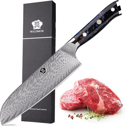 WILDMOK Santoku Knife, 7" Japanese Damascus Forged Kitchen Knife, Professional Chopping Knife, Razor Sharp & Ergonomic Handle Design-Comes in a gift box