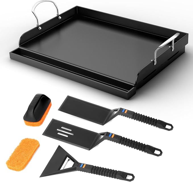 Cast Iron Griddle for Gas Grill with 5-Piece Griddle Tool Kit, 17" x 13" Nonstick Grill Griddle Plate for Stove Top & Charcoal Grill, 6-Piece Flat Top Grill Accessories Set