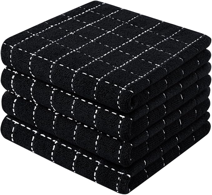 Mordimy 100% Cotton Terry Cloth Kitchen Towels, Super Soft and Absorbent Dish Towels for Drying, Checkered Designed Hand Towels for Kitchen, 13 x 28 Inches, 4 Pack, Black