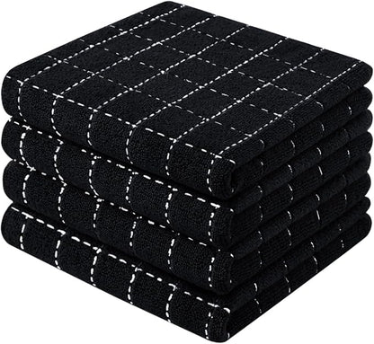 Mordimy 100% Cotton Terry Cloth Kitchen Towels, Super Soft and Absorbent Dish Towels for Drying, Checkered Designed Hand Towels for Kitchen, 13 x 28 Inches, 4 Pack, Black