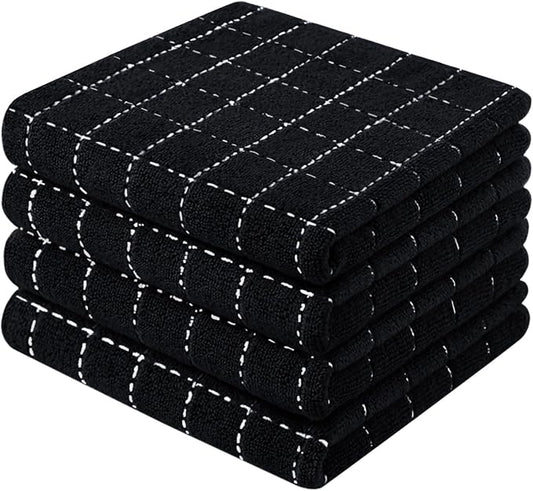 Mordimy 100% Cotton Terry Cloth Kitchen Towels, Super Soft and Absorbent Dish Towels for Drying, Checkered Designed Hand Towels for Kitchen, 13 x 28 Inches, 4 Pack, Black