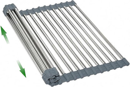 Expandable Roll Up Dish Drying Rack Over The Sink Rack, Large Dish Drainer Rack for Stainless Steel Sinks, Non-Slip Silicone Collapsible Rack 18 Tube for Kitchen, Sliver Gray