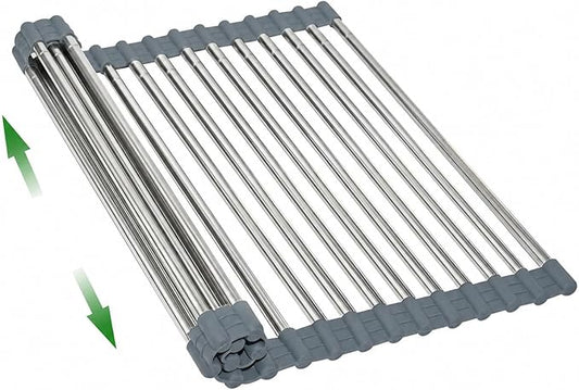 Expandable Roll Up Dish Drying Rack Over The Sink Rack, Large Dish Drainer Rack for Stainless Steel Sinks, Non-Slip Silicone Collapsible Rack 18 Tube for Kitchen, Sliver Gray