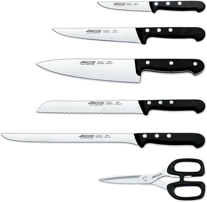 Arcos Kitchen Block Knife Set 6 pieces (5 Knives + 1 Scissors). Stainless Steel - Polyoxymethilene (POM) Handles. Pine Wood Block