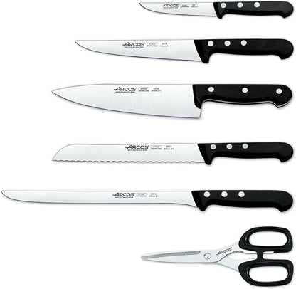 Arcos Kitchen Block Knife Set 6 pieces (5 Knives + 1 Scissors). Stainless Steel - Polyoxymethilene (POM) Handles. Pine Wood Block
