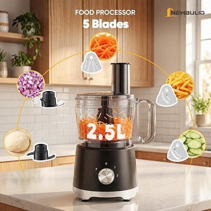 NEWBULIG 10.5 Cups Food Processor, Versatile Food processors with 5 Blades, 600W Powerful Meat Grinder for Slicing, Shredding, Chopping, Kneading, Dishwasher Safe, for Meat, Vegetables, Fruit, Dough