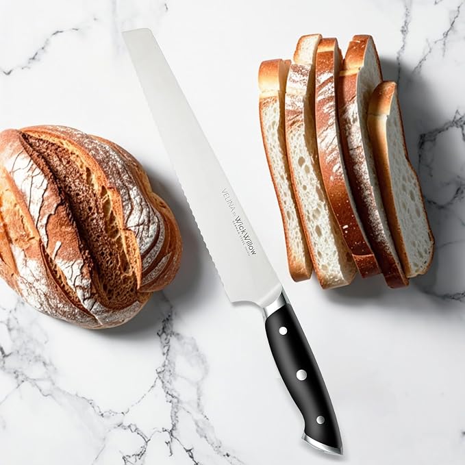 WICKWILLOW 10-Inch Serrated Bread Knife - German X50CrMoV15 Steel, Full Tang, Razor-Sharp Wavy Edge for Sourdough, Artisan Bread, Bagels, Cakes & Sandwich Loaves - Gift Boxed for Home Bakers
