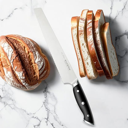 WICKWILLOW 10-Inch Serrated Bread Knife - German X50CrMoV15 Steel, Full Tang, Razor-Sharp Wavy Edge for Sourdough, Artisan Bread, Bagels, Cakes & Sandwich Loaves - Gift Boxed for Home Bakers