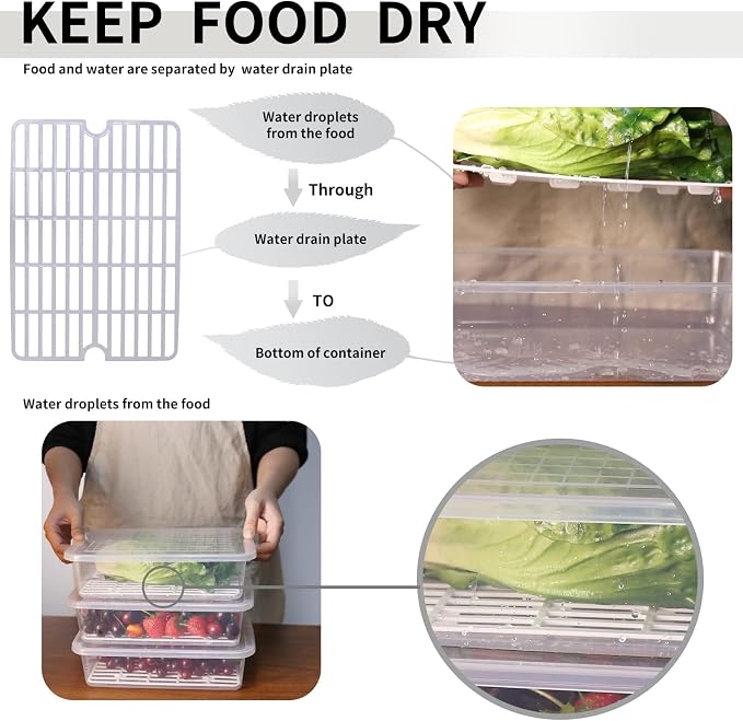 77L Food Storage Container, (3-Pack) Plastic Food Containers with Removable Drain Plate and Lid, Stackable Portable Freezer Storage Containers - Tray to Keep Fruits, Vegetables, Meat and More