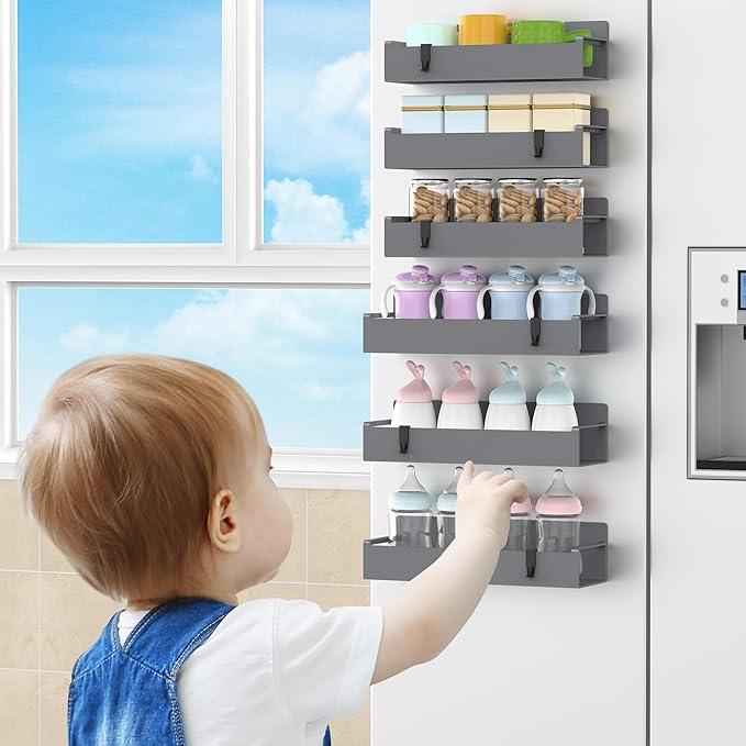 Child looking at shelves with various items near a window
