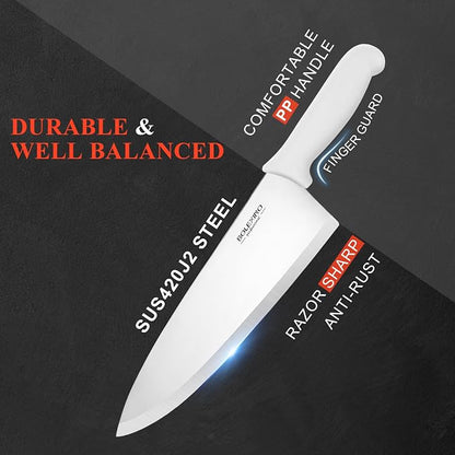 10 inch Japanese High Carbon Stainless Steel Chef Knife, Professional Sharp Wide Cook Knife with Non-slip Ergonomic Handle, for Kitchen Home Restaurant (White)