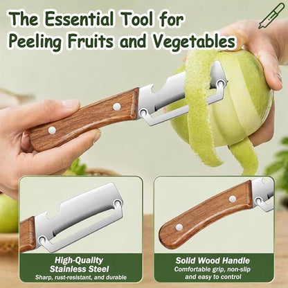 2-Pack Vegetable Peeler with Bottle Opener, Stainless Steel Kitchen Peeler with Wooden Handle, Easy Peeling Tool for Potatoes, Fruits & Vegetables