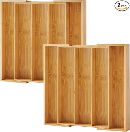 Purawood Kitchen Drawer Organizer, 2 Pack - Expandable Utensil Drawer Organizer for Kitchen, Cutlery Tray & Silverware Organizer, 3-5 Slots - Bamboo Organizer for Utensils & Flatware (Natural)