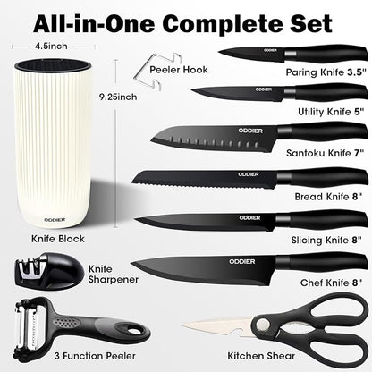 Knife Set, 10 Piece Kitchen Knife Set with Block and Sharpener, Anti-Rust Stainless Steel Knives Set for Kitchen, Chef Universal Knife Block Set, Dishwasher Safe, Ergonomical Design, White