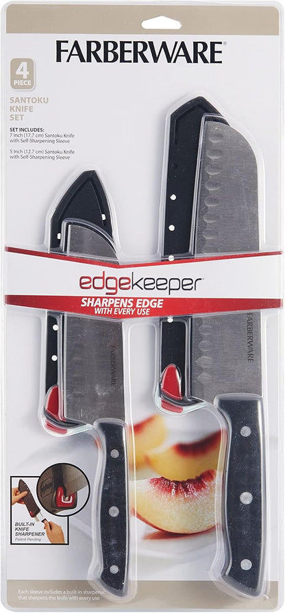 Farberware Edgekeeper Self-Sharpening Triple Riveted Santoku Knife Set, 4-Piece, Black