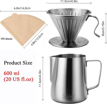 Lalord Pour Over Coffee Maker, 304 Stainless Steel wIth 100 pcs Paper Filters & 600ml Milk Frothing Pitcher, for Home & Camping