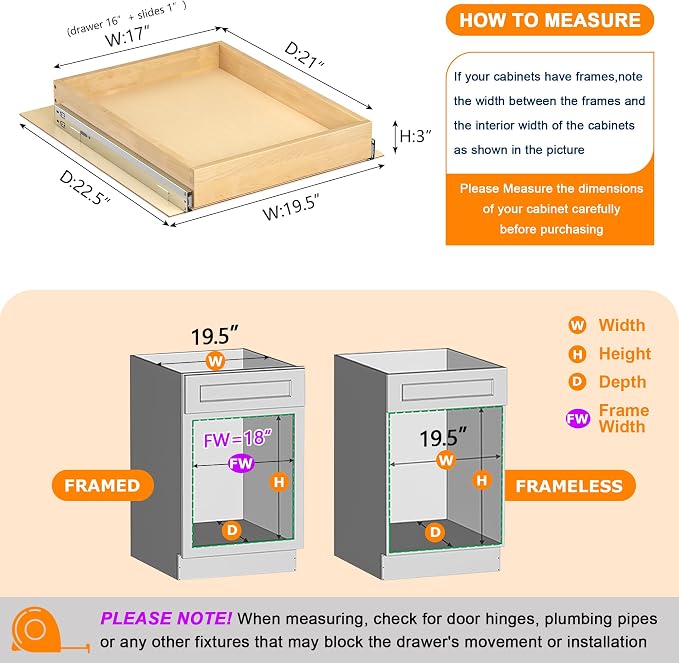 Pull Out Cabinet Organizer, 17" W x 21" D | Soft Close, Heavy Duty Slides, Wood Slide Out Drawers, For Kitchen Cabinets
