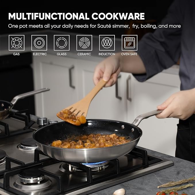 5 Ply Ceramic Non Stick Frying Pans - 12 Inch Stainless Clad Nonstick Skillet, Non-Toxic PTFE PFOA & PFAS Free, Induction Ready Oven Safe up to 650°F, Professional Even Heating Cookware