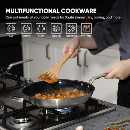 5 Ply Ceramic Non Stick Frying Pans - 12 Inch Stainless Clad Nonstick Skillet, Non-Toxic PTFE PFOA & PFAS Free, Induction Ready Oven Safe up to 650°F, Professional Even Heating Cookware