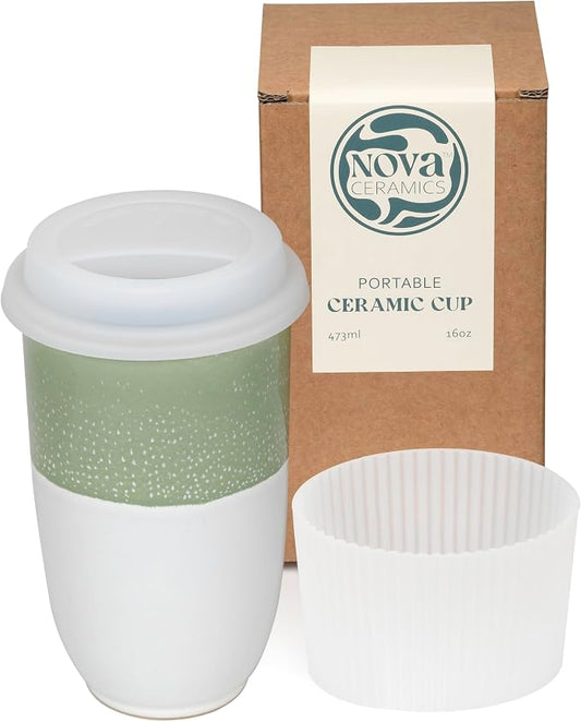NOVA CERAMICS Travel Mug - Tea Tumbler– Microwave & Dishwasher Safe Coffee Mug Green & White Tumbler - Gifts For Women Men Him Her – 16oz – Sage Green