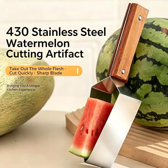 2PCS Stainless Steel Watermelon Cutter, Triangle Fruit Slicer with Wooden Handle, Melon Divider Tool for Watermelon, Cantaloupe and Honeydew, Kitchen Gadget for Picnic and BBQ