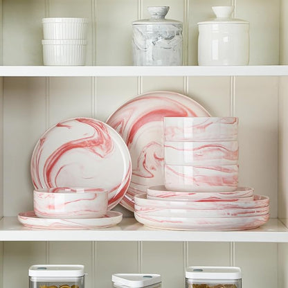 MALACASA Plates and Bowls Sets, 12 Pieces Porcelain Dinnerware Sets Dishware Sets Chip Resistant Ceramic Dish Set Dining Dinner Ware Service for 4, Marble Pink, Series LUNA