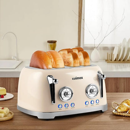 CUSIMAX Toaster 4 Slice, Retro Toaster with Wide Slots for Bagels, Stainless Steel with 6 Toast Settings, Bagel, Cancel, Defrost & Reheat Functions, Dual Independent Control Panels, Cream
