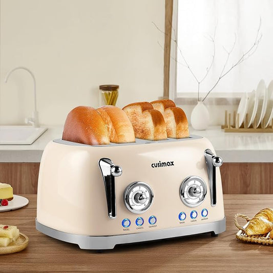 CUSIMAX Toaster 4 Slice, Retro Toaster with Wide Slots for Bagels, Stainless Steel with 6 Toast Settings, Bagel, Cancel, Defrost & Reheat Functions, Dual Independent Control Panels, Cream