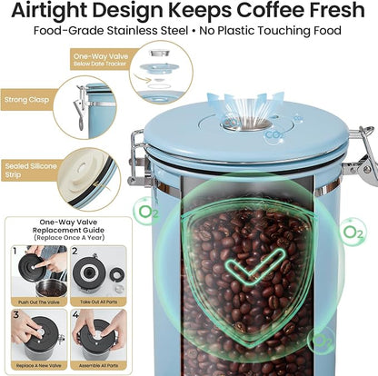 Veken Coffee Canister, 39OZ Large, Airtight Stainless Steel Food Storage Container for 2.2lbs Coffee Beans, Ground, Sugar, Tea, Cookie, Flour, Kitchen Bar Accessories with Date Tracker & Scoop, Blue