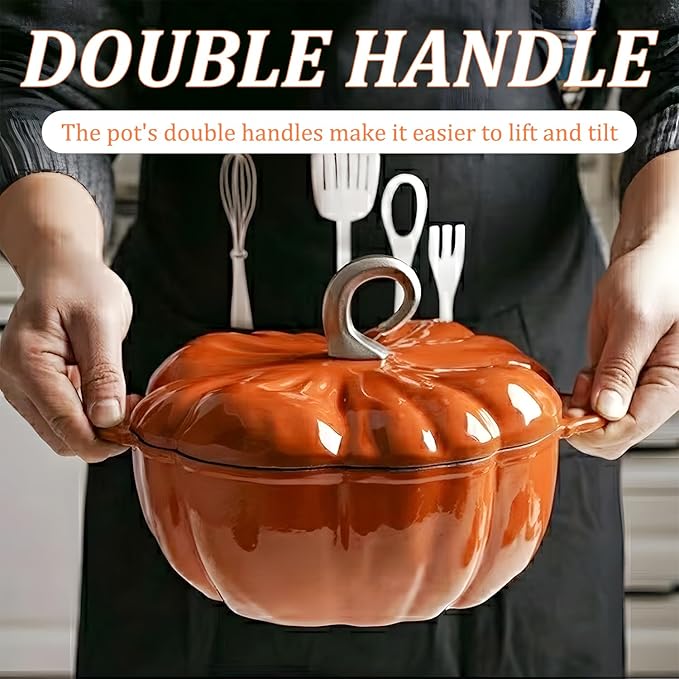 Pumpkin Cast Iron Dutch Oven, 4qt Pumpkin-Shaped Cocotte, Enamel Cast Iron Cooking Pot with Lid, Soup Pot - Serves 3-5, Christmas Thanksgiving Decor Gift, for Various Stoves