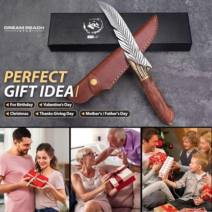 Dream Reach Feather Knife, 6.5" Hand - Forged High Carbon Steel Viking Boning Knife with Sheath, Ideal for Kitchen and Outdoor Activities, Gifts for Men Women