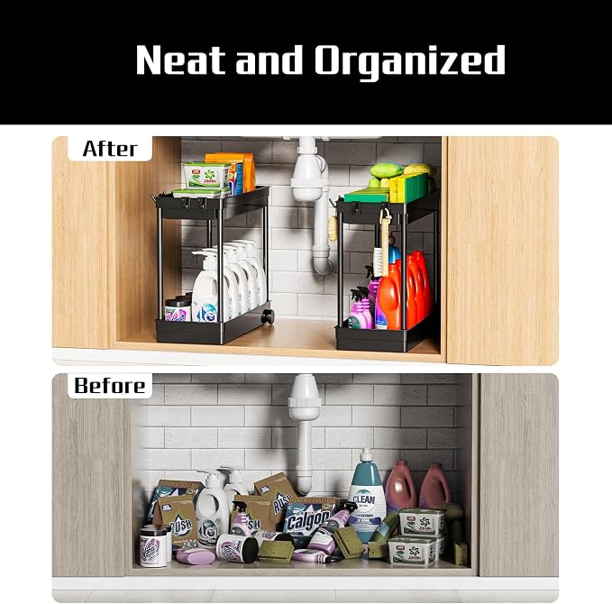 Cicilyna 2 Pack Under Sink Organizer, 2 Tier Bathroom Cabinet Organizers and Storage with Hook, Multi-purpose Storage Basket Shelf for Kitchen, Black