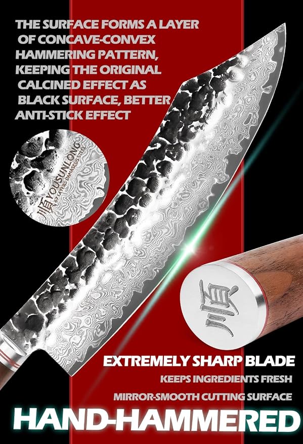 YOUSUNLONG Butcher Knife10 inch Pro Breaking Knives Japanese Hammered Damascus Steel Natural Walnut Wooden Handle with Leather Sheath