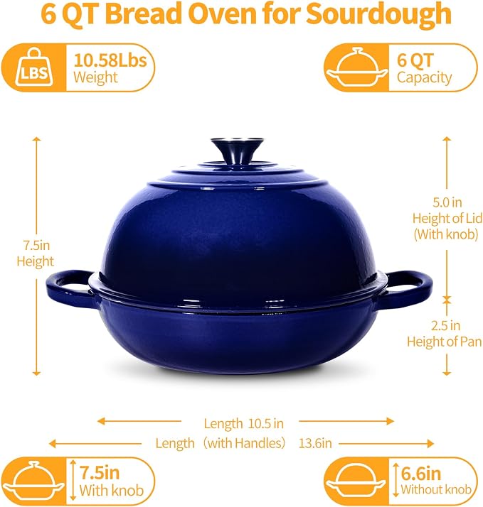 ONKO Dutch Oven For Sourdough Bread Baking, 6QT Enameled Cast Iron Dutch Oven Pot With Lid, Non-stick Sourdough Baking Pan with Bread Dome, Round Ceramic Dutch Ovens Pot with Cloche for Homemade