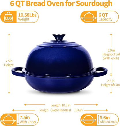 ONKO Dutch Oven For Sourdough Bread Baking, 6QT Enameled Cast Iron Dutch Oven Pot With Lid, Non-stick Sourdough Baking Pan with Bread Dome, Round Ceramic Dutch Ovens Pot with Cloche for Homemade