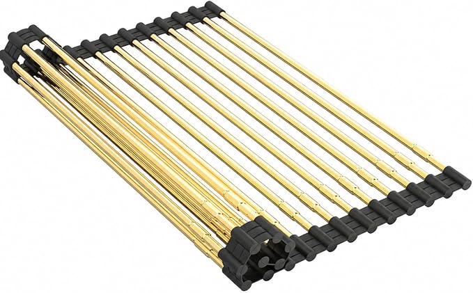 Expandable Roll Up Dish Drying Rack, Adjustable Large Over The Sink Rack Draining Rack (Max Extends to 21.25”) for Stainless Steel Sinks, Collapsible Silicone Rolling Up Rack 18 Tube for Kitchen, Gold