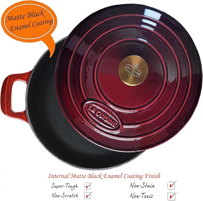 La Cuisine Enameled Cast Iron Braiser Shallow Dutch Oven Braising Sauté Pan 3.75 QT 11" Dia. Internal Matt Black Enamel Coating, Cranberry, Golden Lid Knob, Oven Safe, Induction Cooktop Compatible