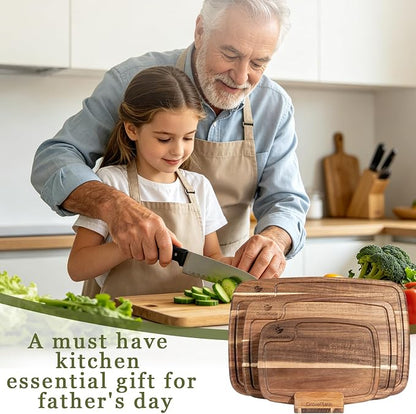 Acacia Wood Cutting Boards for Kitchen (Set of 3), Heavy Duty Chopping Board with Deep Juice Groove, Reversible Designed, Storage Stand & Oiling Brush