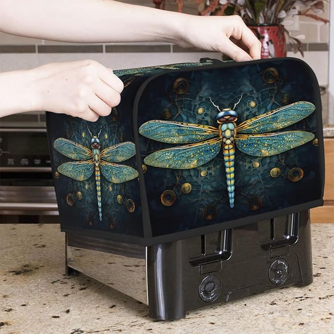 Animal Dragonfly Toaster Cover 4 Slice Wide Slot Washable Toaster Covers | Turquoise Art Dust and Fingerprint Protection Bread Maker Covers for Kitchen Accessories Decor Bakeware Women Gift