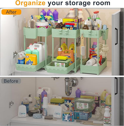 Sevenblue 3 Pack Under Sink Organizers,2-Tier Multi-Use Kitchen and Bathroom Organizers and Storage with Sliding Drawers,Bathroom Cabinet Organizer (Green, 12.8 Inch)