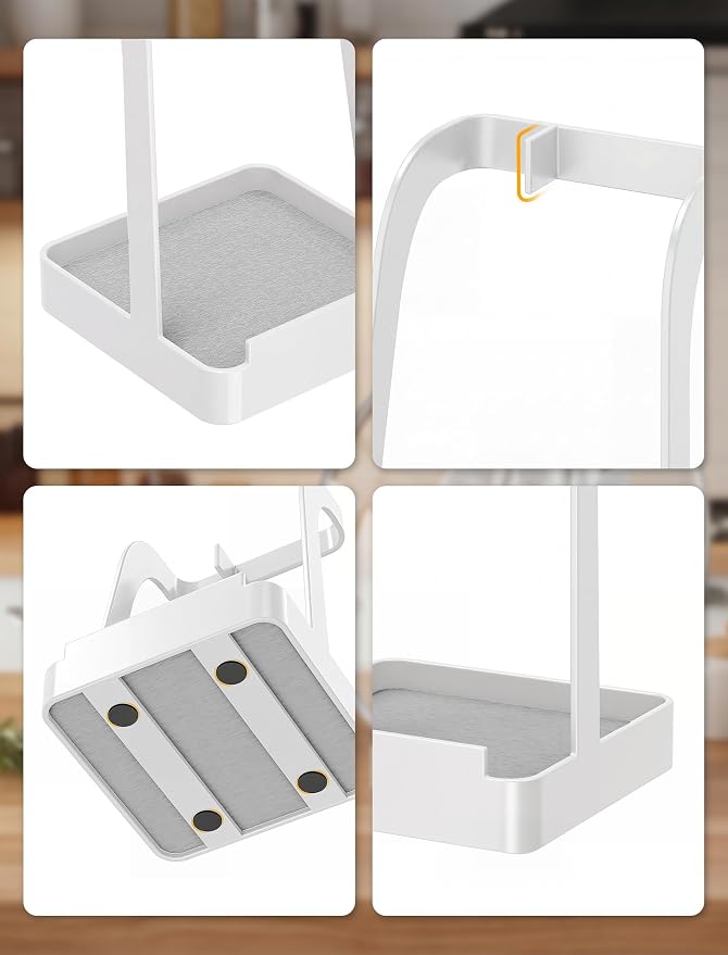 NiHome White Pot Lid Holder with Light Gray Diatomite Tray, Non-Slip Silicone Pad, Powder-Coated Iron Stand for Lids, Utensils & Cutting Boards, Compact 3.9" × 3.9" × 6" Kitchen Organizer (White)