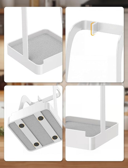 NiHome White Pot Lid Holder with Light Gray Diatomite Tray, Non-Slip Silicone Pad, Powder-Coated Iron Stand for Lids, Utensils & Cutting Boards, Compact 3.9" × 3.9" × 6" Kitchen Organizer (White)