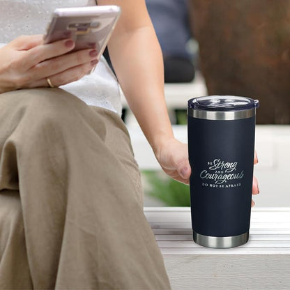 Christian Art Gifts Large Stainless Steel Scripture Tumbler Travel Mug for Men & Women: Strong & Courageous Inspirational Bible Verse, Double-wall Vacuum Insulated & Lid, Hot/Cold, Navy Blue, 18 oz.
