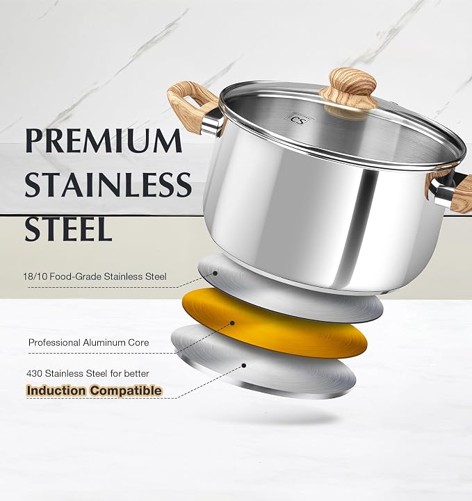 KOCH SYSTEME CS Stainless Steel Pot - 8 Quart Stainless Steel Stock Pot with Visible Lid, Steel Soup Pots with Heat-Resistant Bakelite Double Handle, Dishwasher Safe, Induction Compatible, 8QT