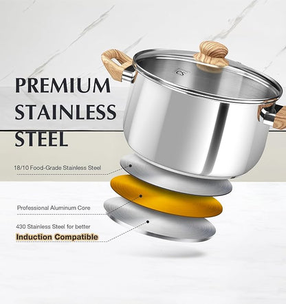 KOCH SYSTEME CS Stainless Steel Pot - 6 Quart Induction Stainless Steel Stock Pot with Lid for Pasta, Soup, Spaghetti, Steel Soup pots with Heat-Resistant Bakelite Double Handle, Dishwasher Safe