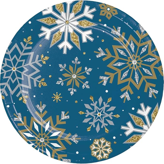Whimsical Winter Party Supply Pack | Bundle Includes Paper Dinner Plates, Dessert Plates & Napkins for 8 People | Winter Blue Silver and Gold Snowflakes