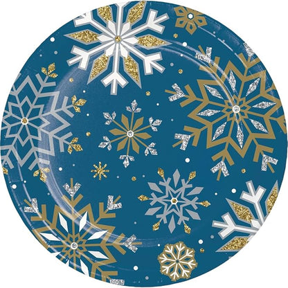Whimsical Winter Party Supply Pack | Bundle Includes Paper Dinner Plates, Dessert Plates & Napkins for 8 People | Winter Blue Silver and Gold Snowflakes