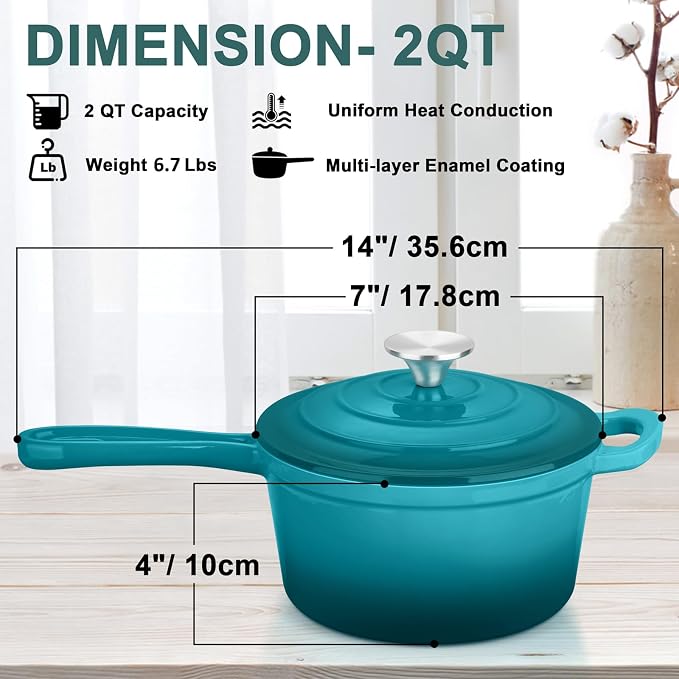 2 Quart Saucepan with Lid, Leonyo Enameled Cast Iron Sauce Pan, Cast Iron Pot and Pan Dutch Oven Induction Cookware for All Cooktops Cooking Soup, Milk, Paste- Up to 500°F & 6.7Lbs, Lake Green